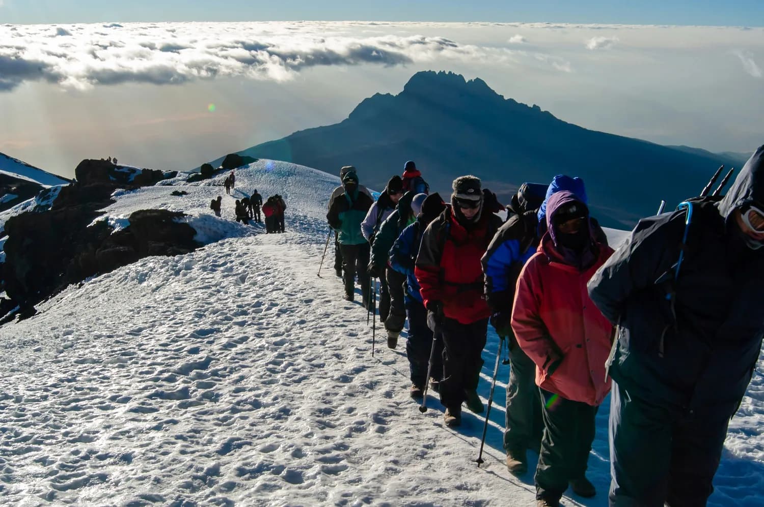 Hikers on Kilimanjaro’s snowy summit terrain
